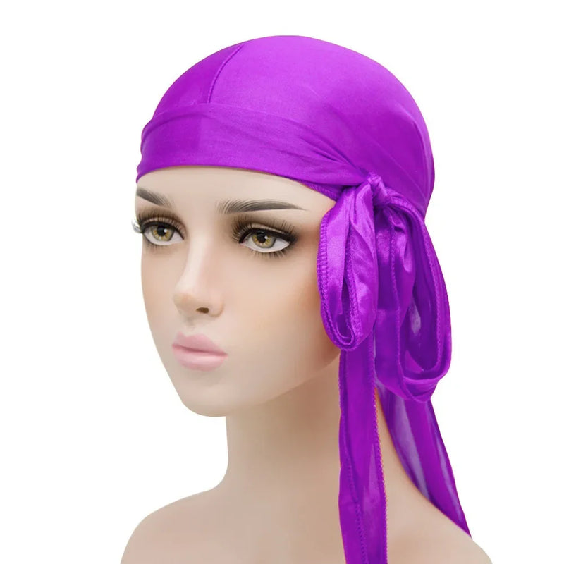Unisex Silky Long Tail Durag Pirate Hat Turban Fashion Headwraps Cap Bandana Women Men Headwear Caps Hijab Hair Accessories