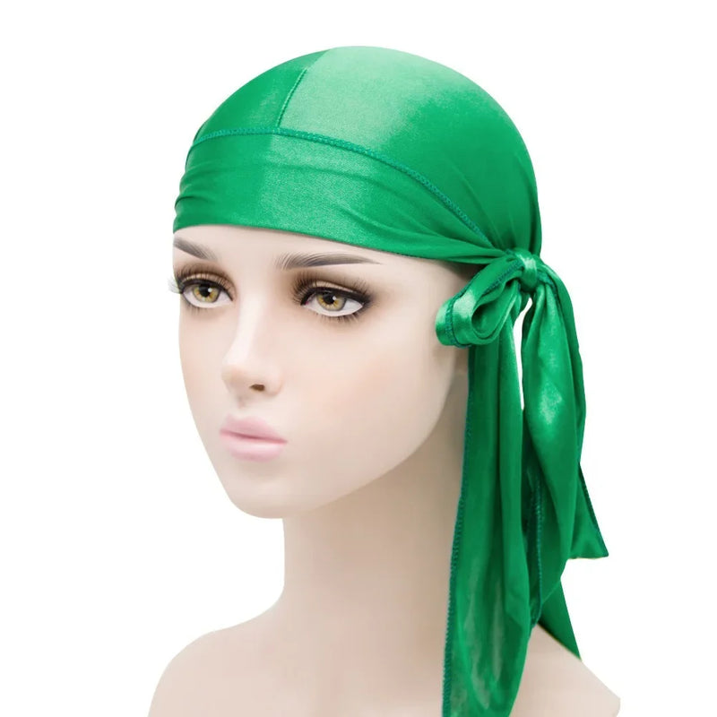 Unisex Silky Long Tail Durag Pirate Hat Turban Fashion Headwraps Cap Bandana Women Men Headwear Caps Hijab Hair Accessories