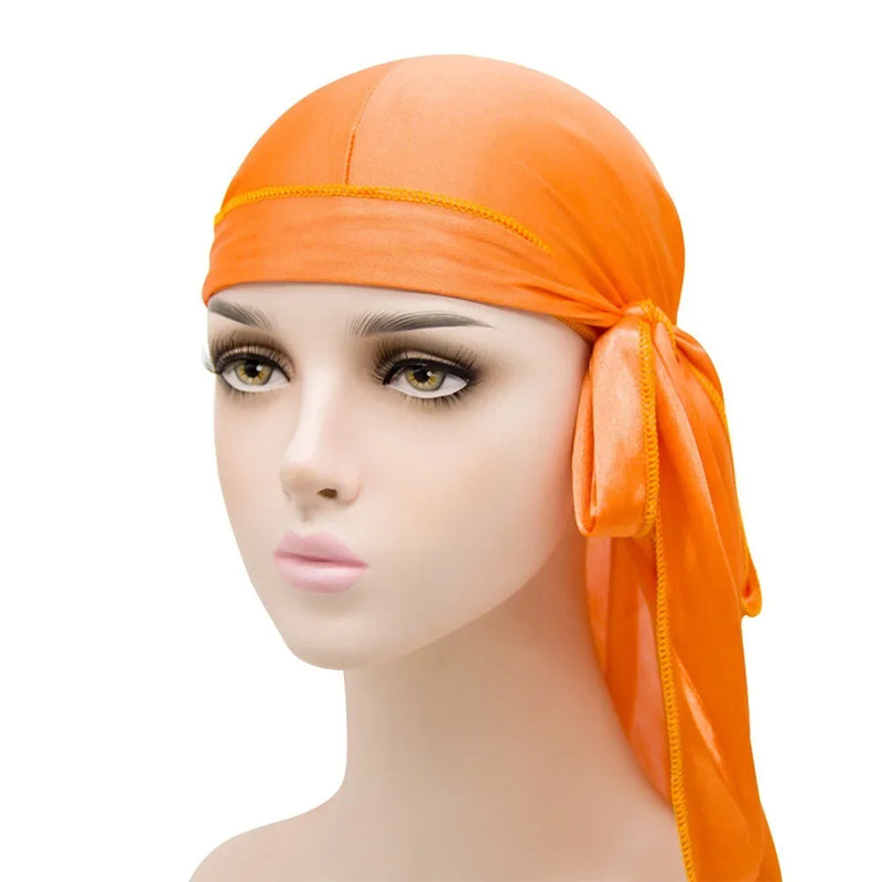 Unisex Silky Long Tail Durag Pirate Hat Turban Fashion Headwraps Cap Bandana Women Men Headwear Caps Hijab Hair Accessories