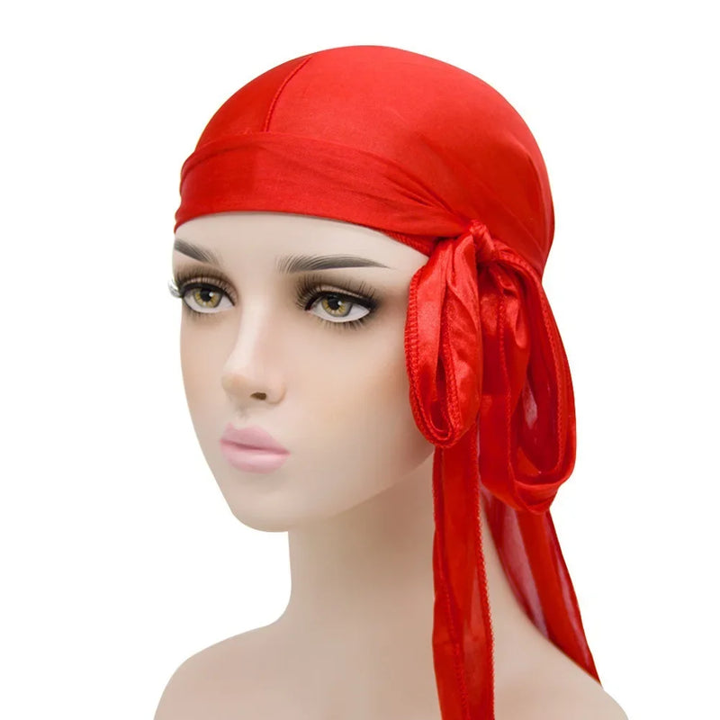 Unisex Silky Long Tail Durag Pirate Hat Turban Fashion Headwraps Cap Bandana Women Men Headwear Caps Hijab Hair Accessories
