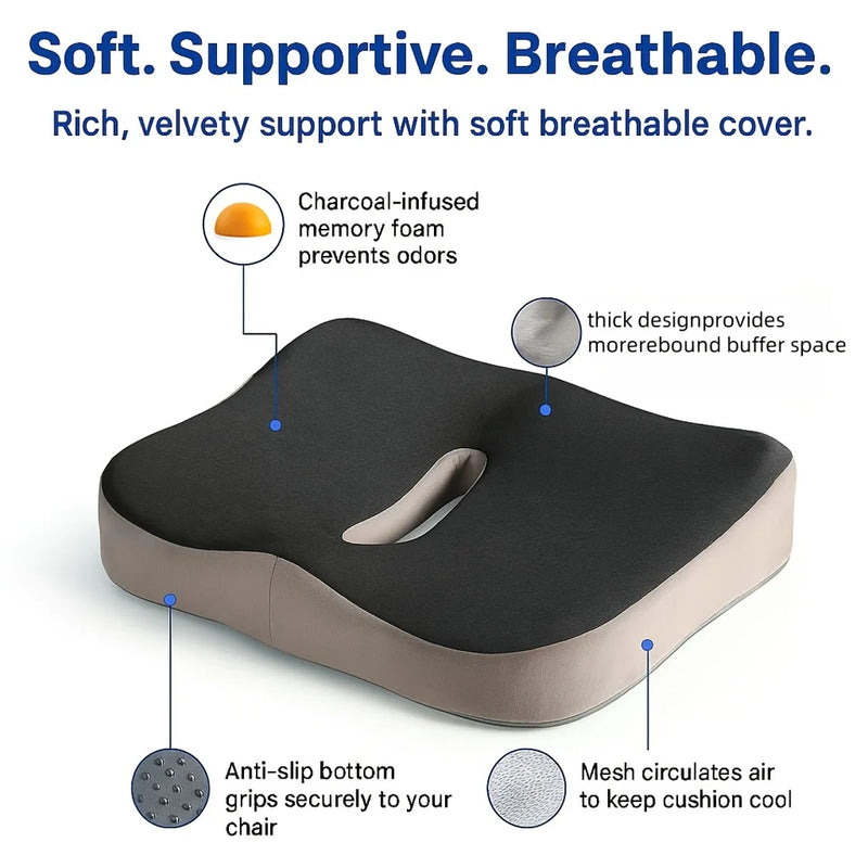 Memory foam seat cushion, with a central groove ergonomic pressure pad