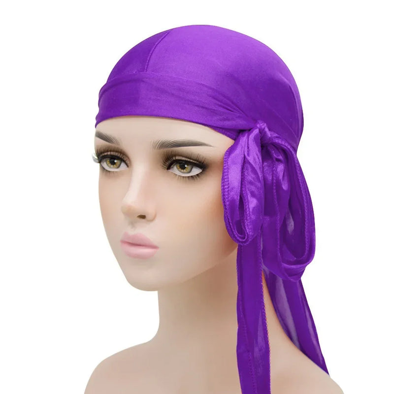 Unisex Silky Long Tail Durag Pirate Hat Turban Fashion Headwraps Cap Bandana Women Men Headwear Caps Hijab Hair Accessories