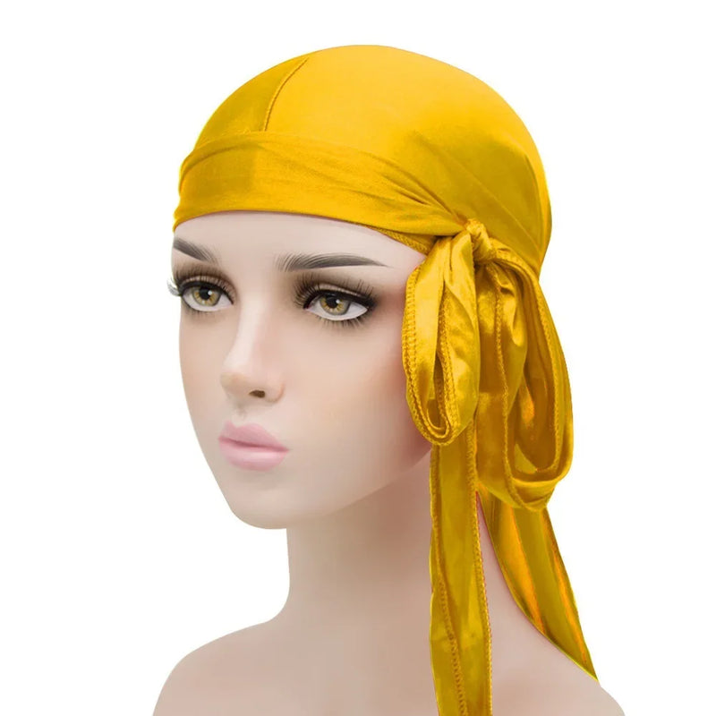 Unisex Silky Long Tail Durag Pirate Hat Turban Fashion Headwraps Cap Bandana Women Men Headwear Caps Hijab Hair Accessories